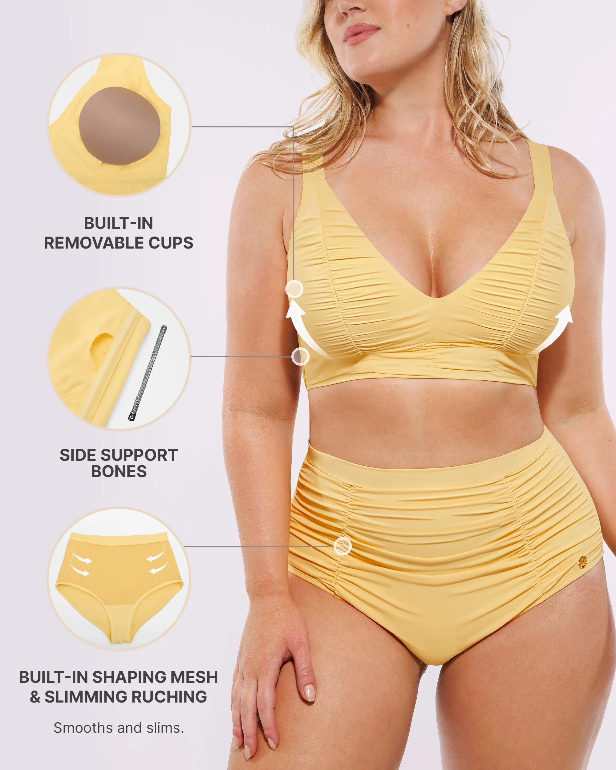 Ruched V-Neck Bikini Top & High-Waisted Bottom Set