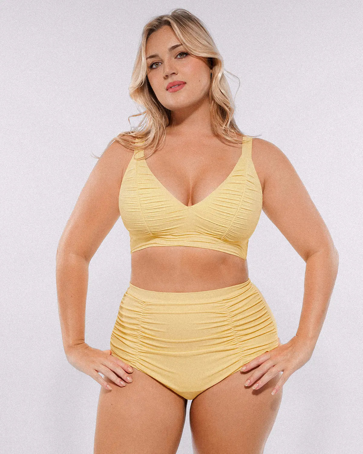 Ruched V-Neck Bikini Top & High-Waisted Bottom Set
