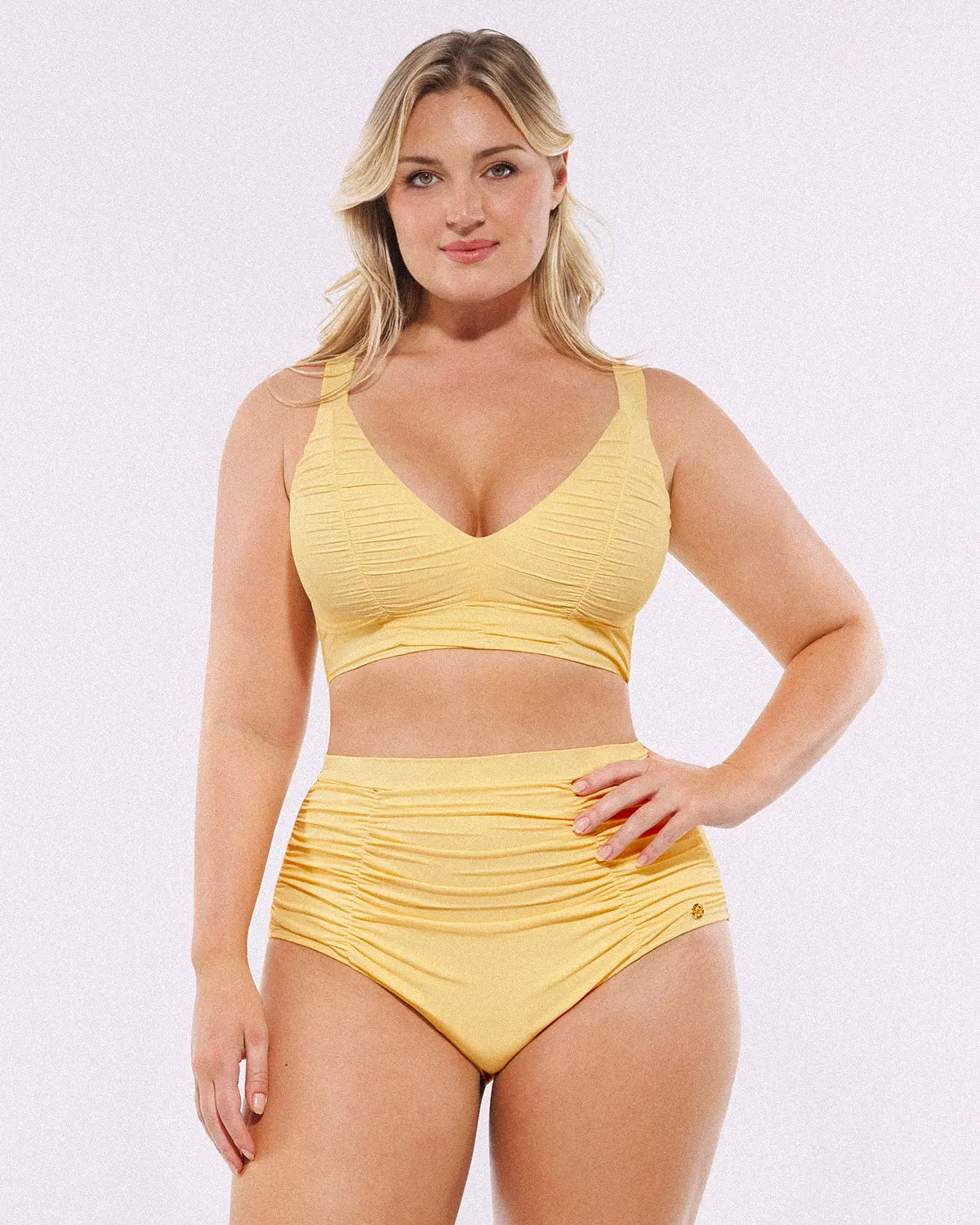Ruched V-Neck Bikini Top & High-Waisted Bottom Set