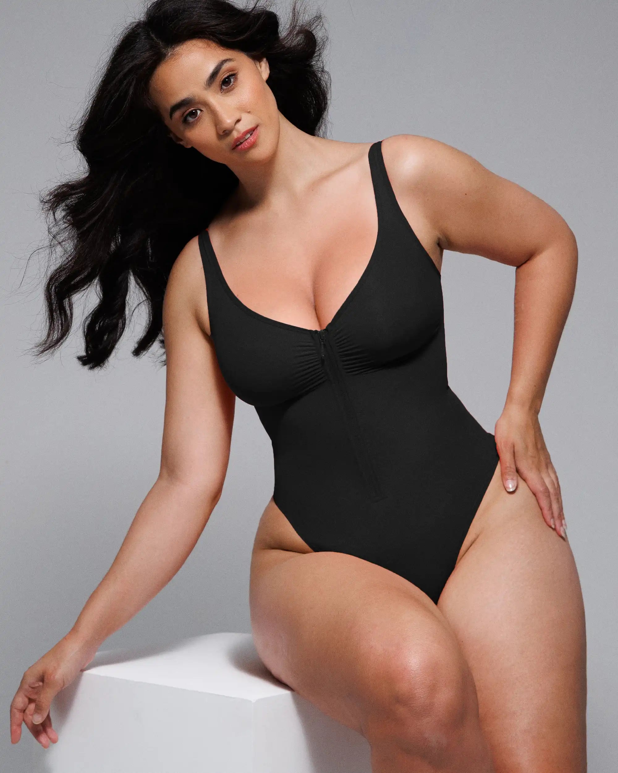 Sculpting Zipper Front Thong Bodysuit