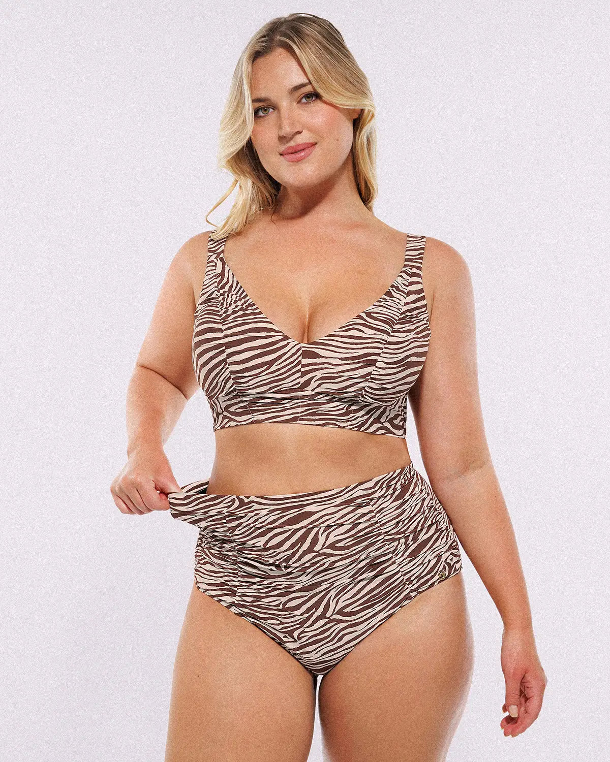 Ruched V-Neck Bikini Top & High-Waisted Bottom Set