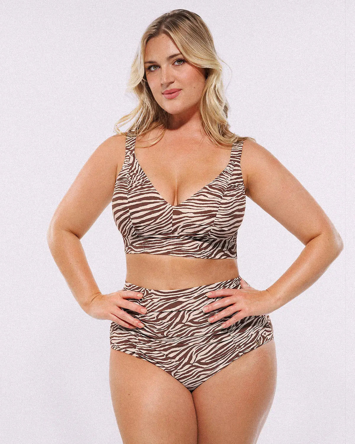 Ruched V-Neck Bikini Top & High-Waisted Bottom Set