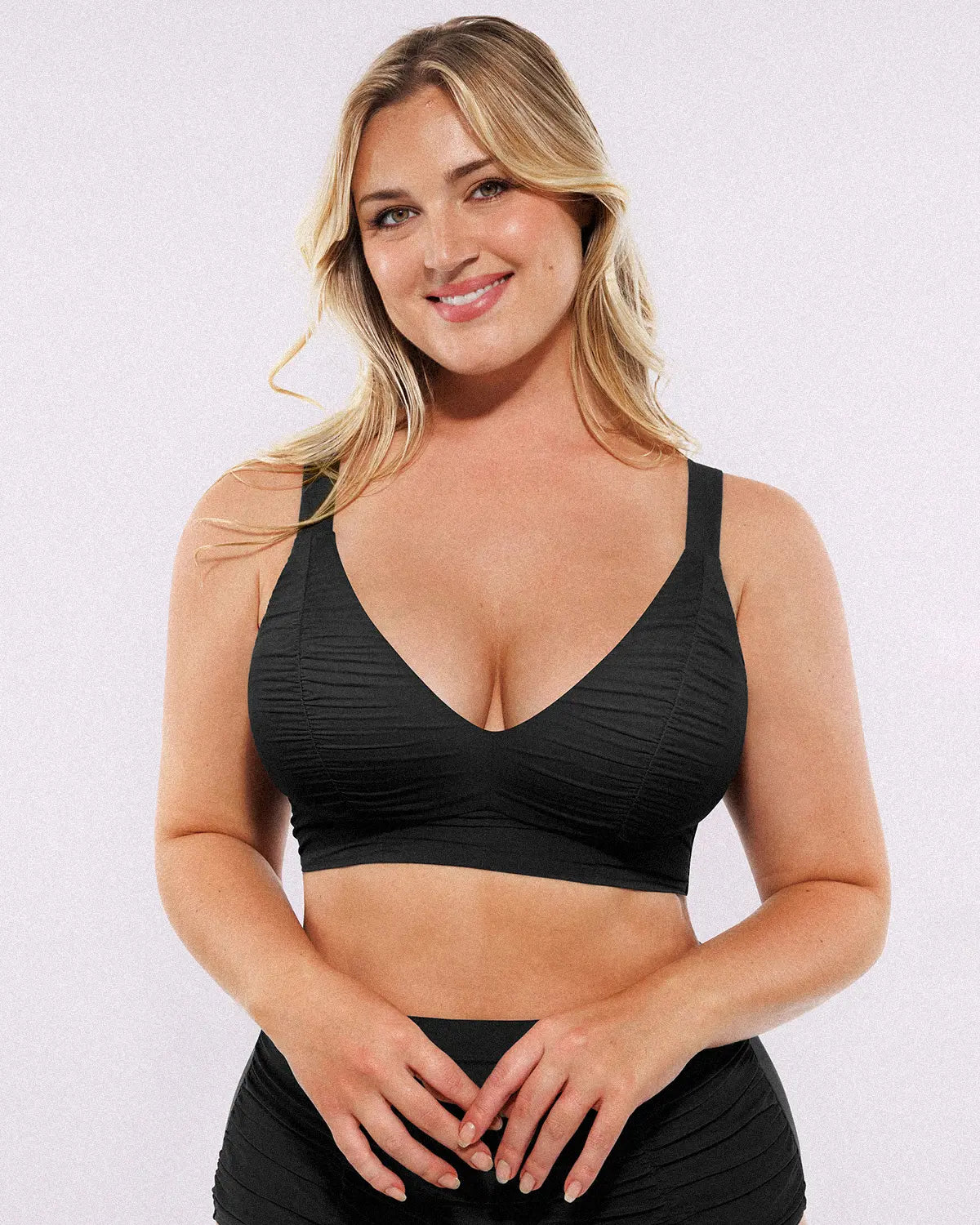 Ruched V-Neck Bikini Top & High-Waisted Bottom Set