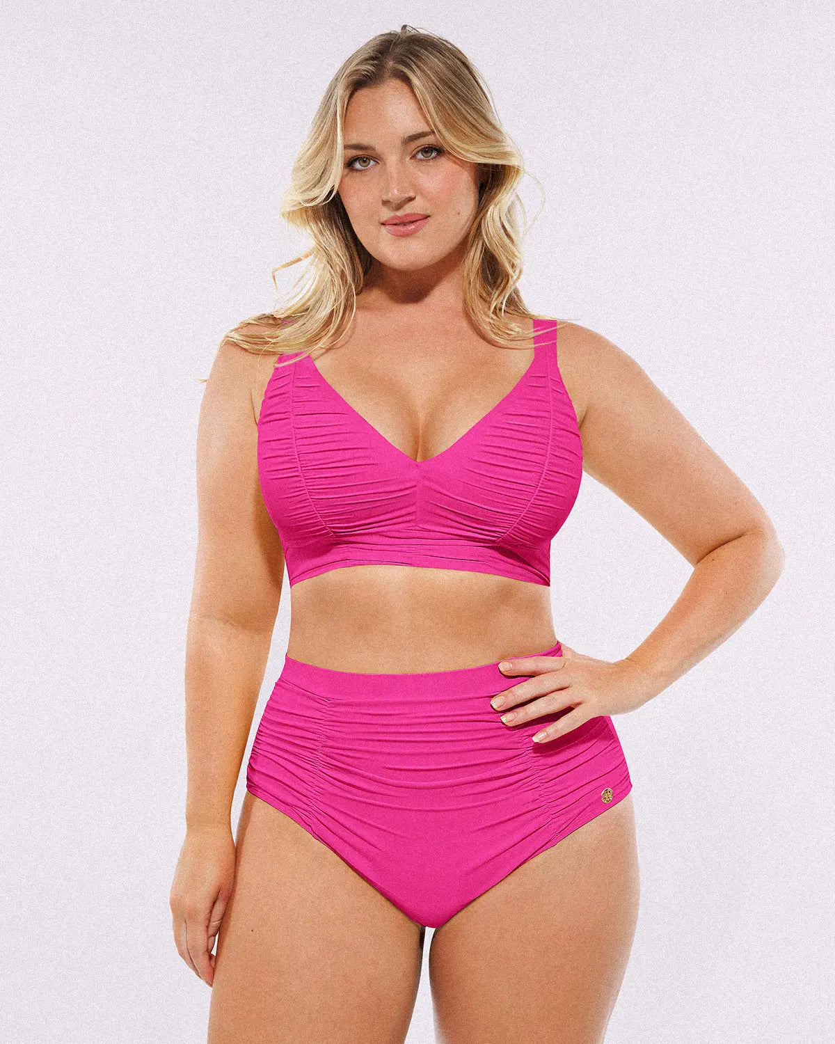 Ruched V-Neck Bikini Top & High-Waisted Bottom Set