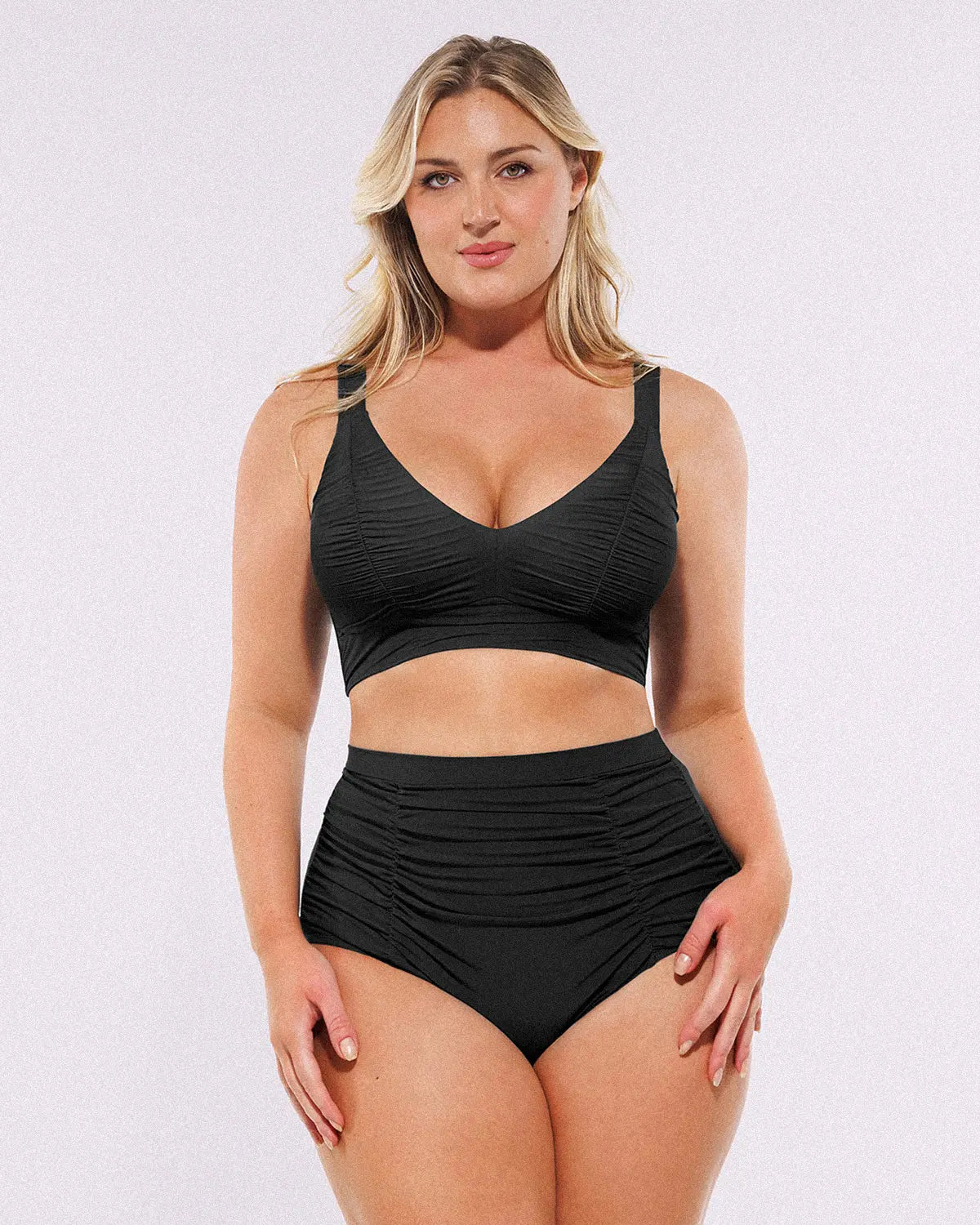 Ruched V-Neck Bikini Top & High-Waisted Bottom Set