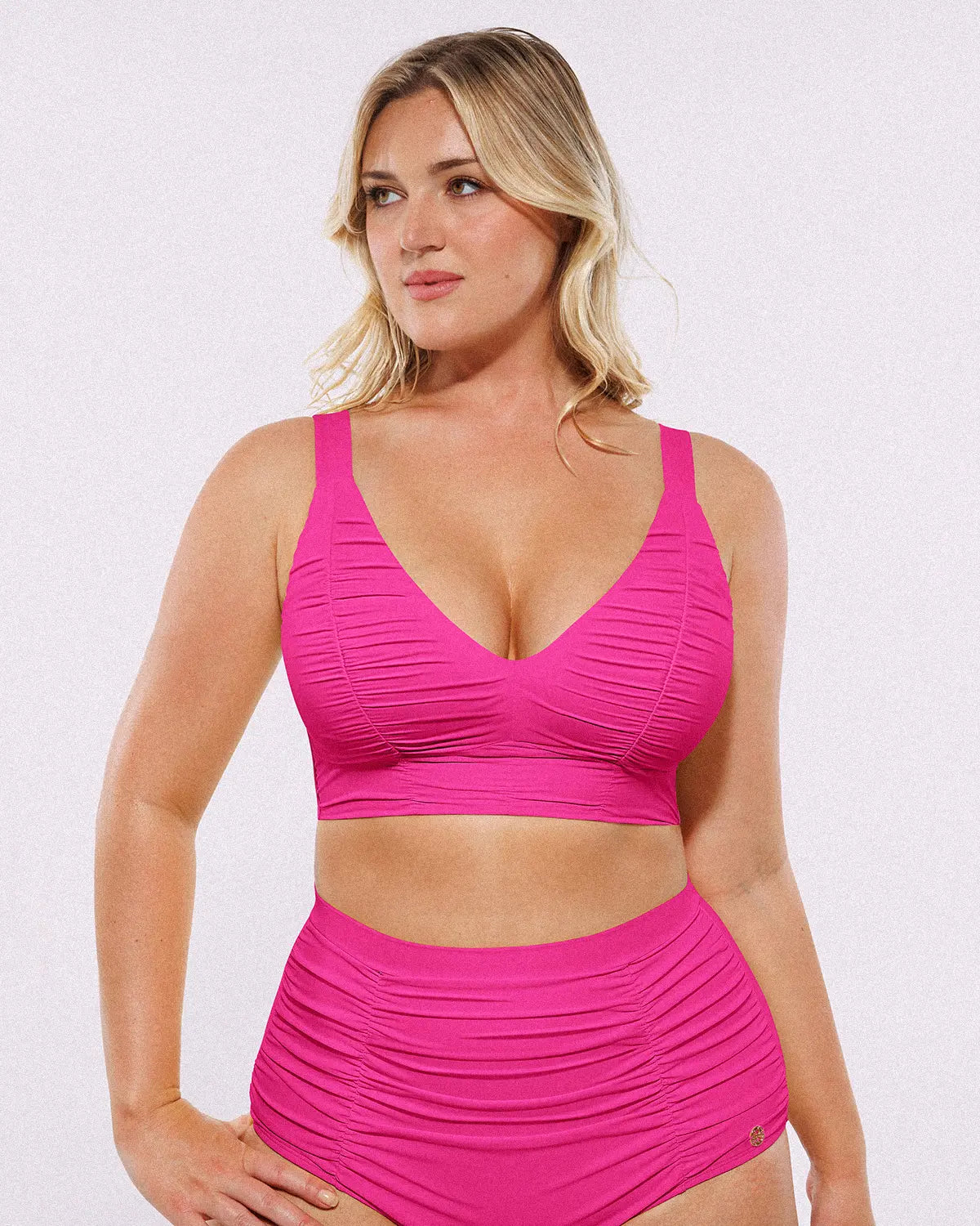 Ruched V-Neck Bikini Top & High-Waisted Bottom Set