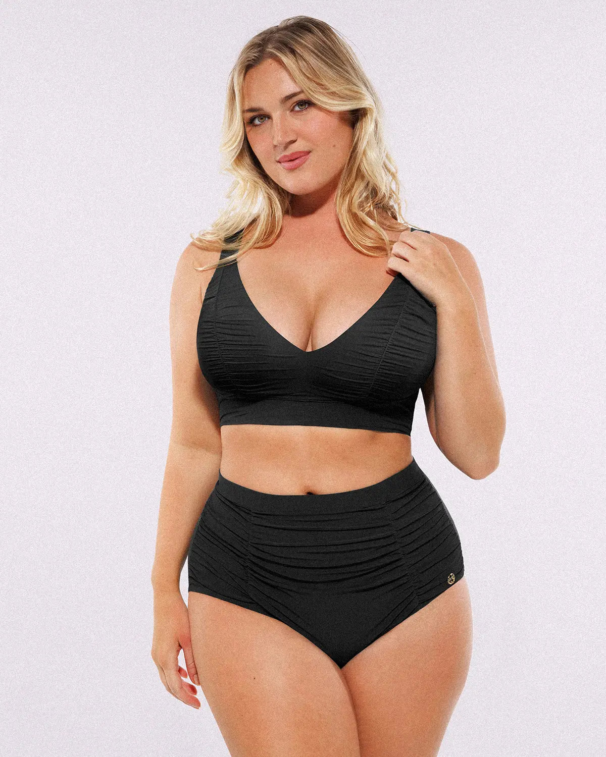 Ruched V-Neck Bikini Top & High-Waisted Bottom Set